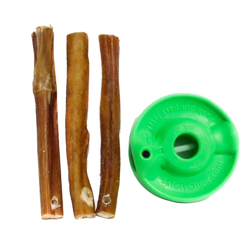 Bully sticks with holes drilled in the end and the green safety chew 